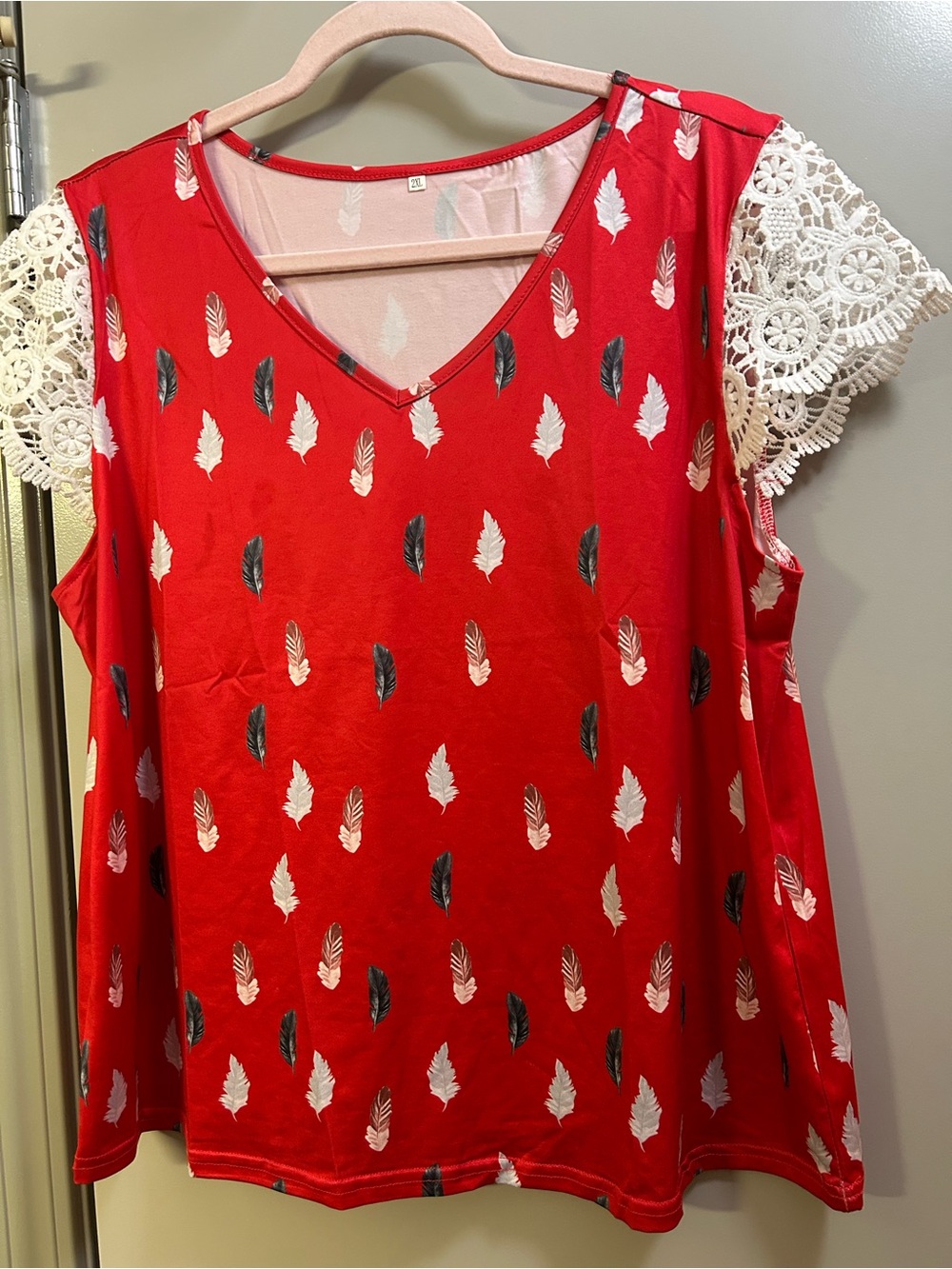 Women’s Red V-Neck Top with Lace Sleeves